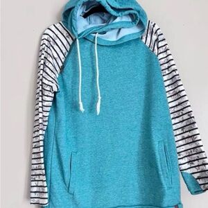 Ampersand Teal Hoodie with Black & White Striped Sleeves